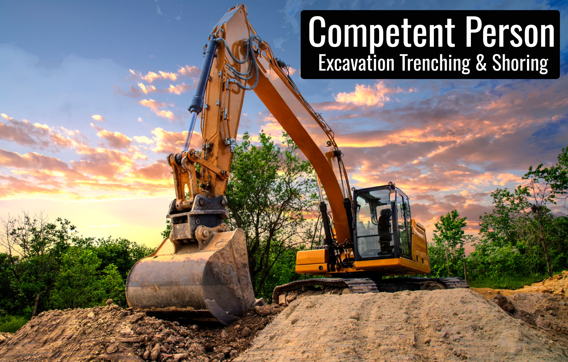 Excavator working at sunset scene