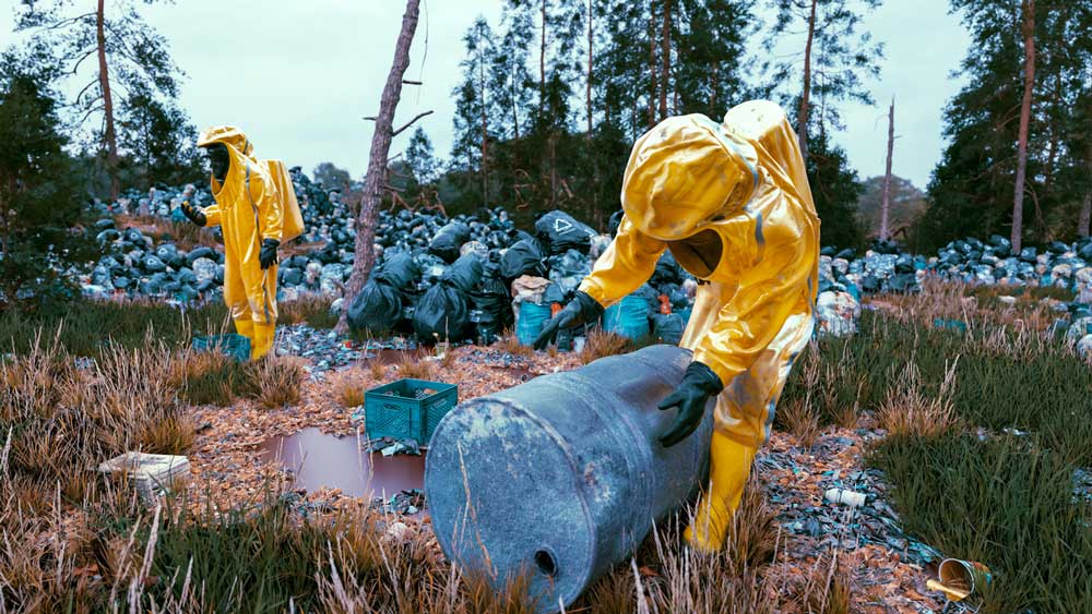 Hazmat workers handling hazardous waste.