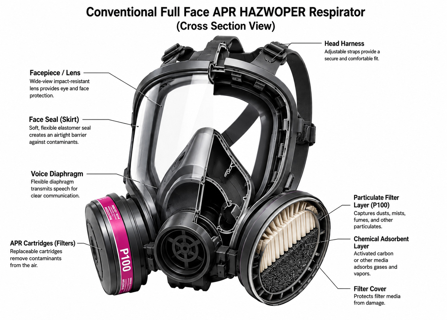 Full Face APR Respirator Detailed cross-section of respirator components