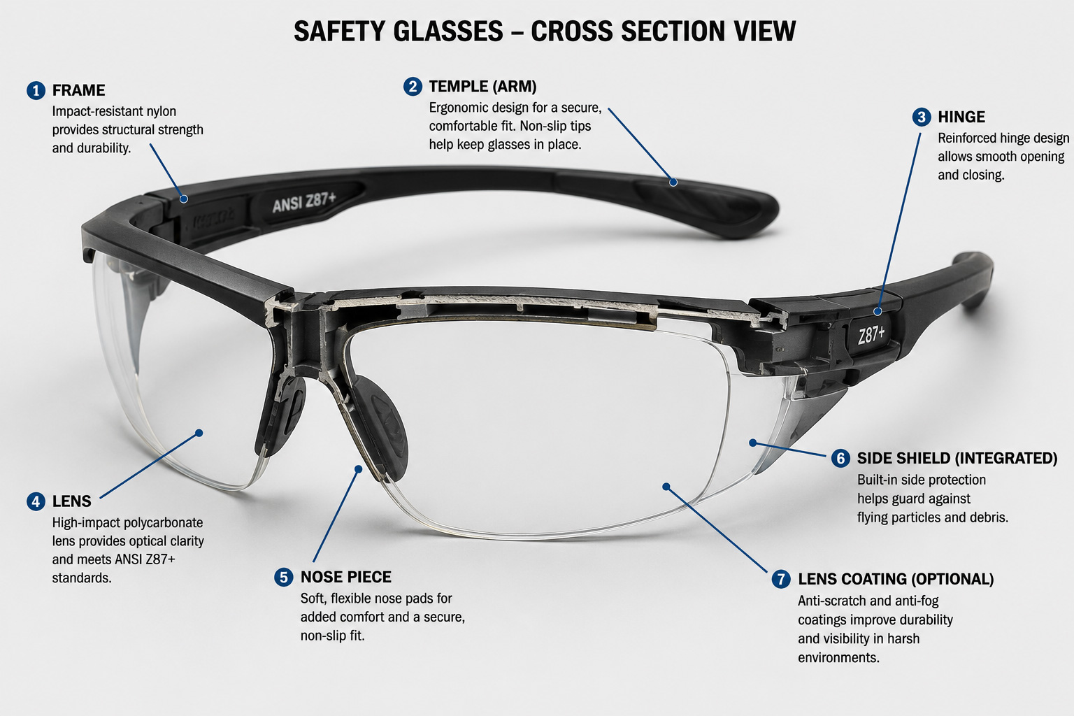 Safety Glasses Detailed cross-section of safety glasses