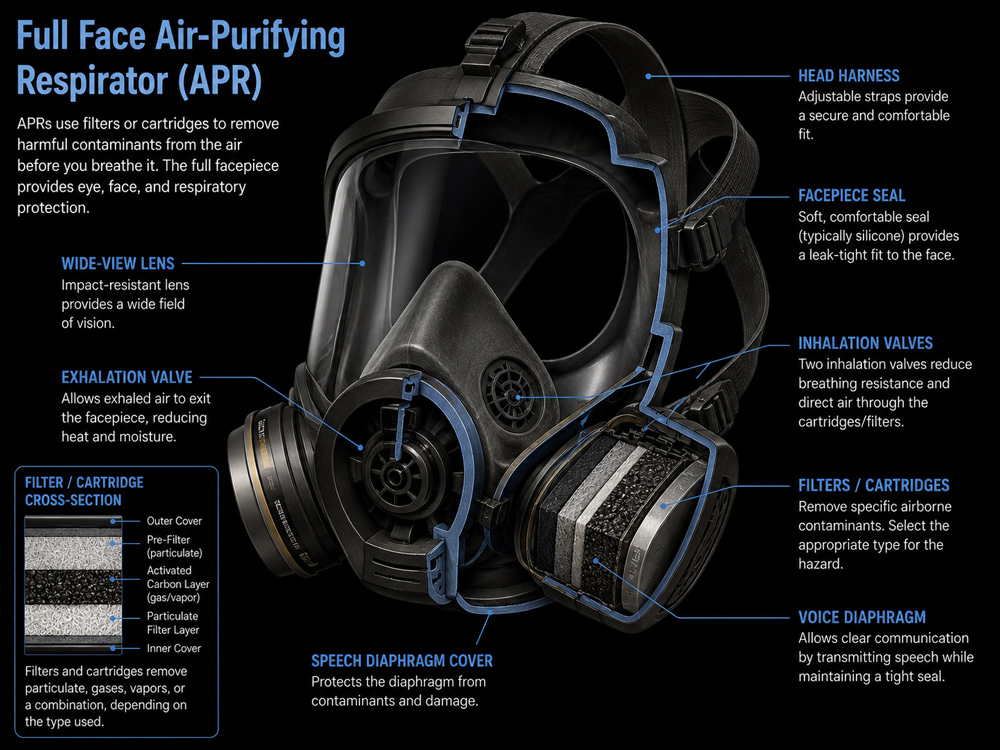 APR Cross Sectional Detailed diagram of air-purifying respirator