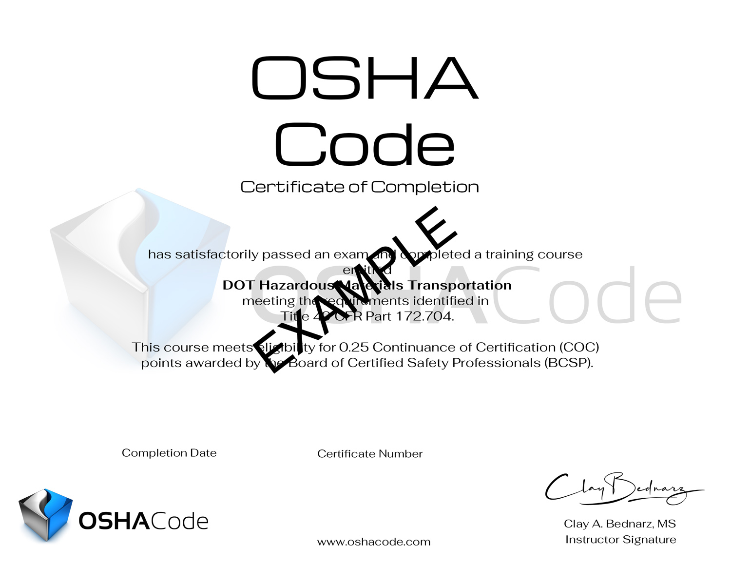 DOT HAZMAT Transportation Certificate DOT HAZMAT Transportation Certificate