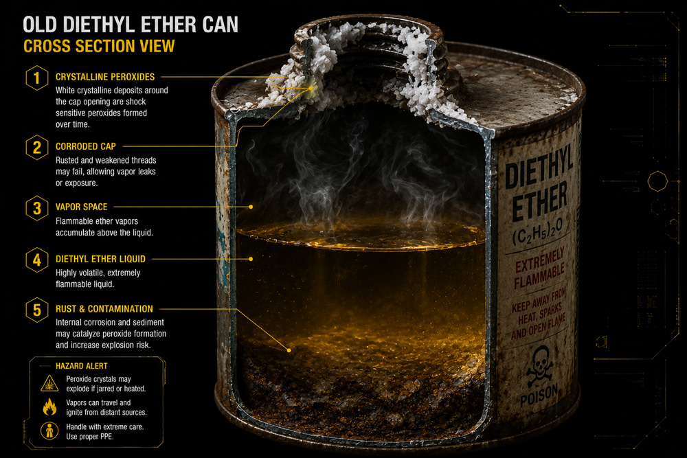 Old diethyl-ether can with explosive peroxide crystals